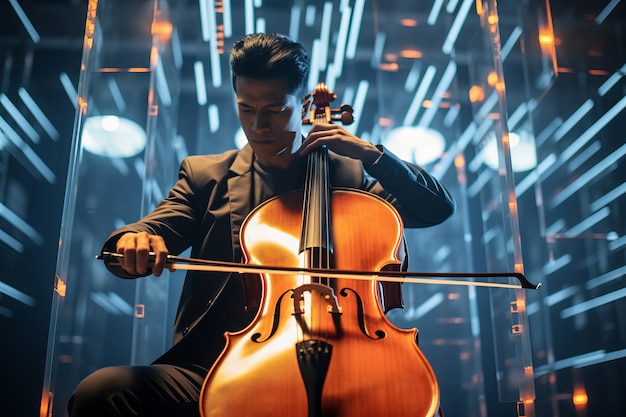 Musicien futuriste faisant de la musique avec un instrument