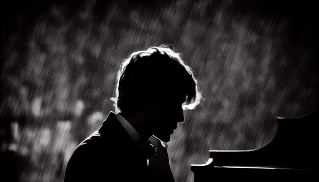 Un musicien jouant du piano à l'intérieur en IA générative monochrome