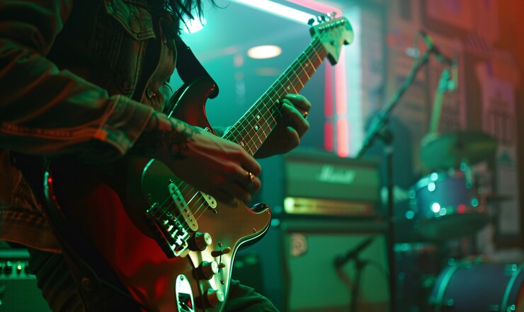 Photo gratuit musicien jouant de la guitare électrique