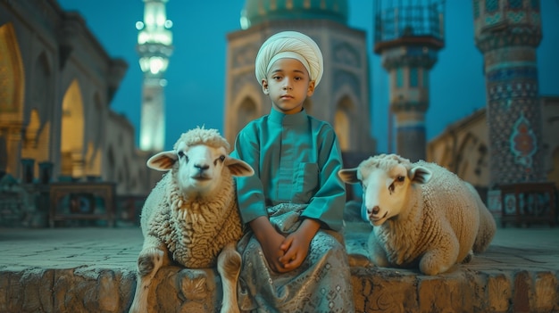 Des musulmans avec des animaux photoréalistes préparés pour l'offrande de l'eid al-adha