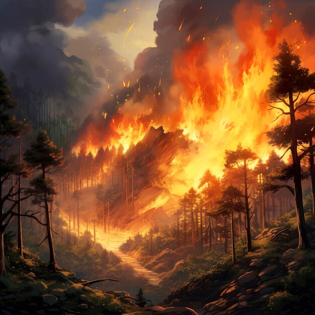 La nature en feu dans le style anime