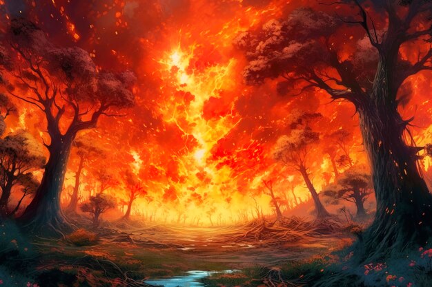 La nature en feu dans le style anime
