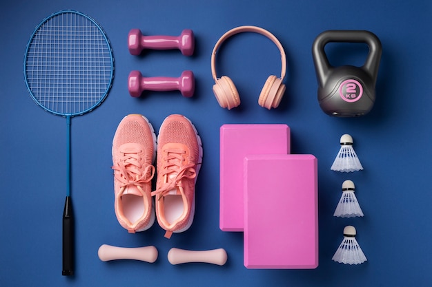 Photo gratuite nature morte d'accessoires de fitness et de gym parfaitement ordonnés