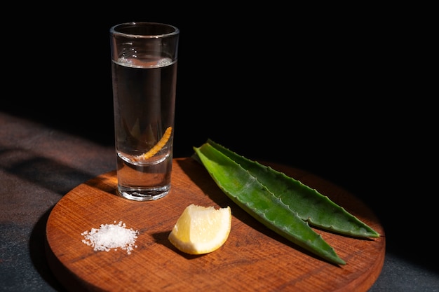 Photo gratuite la nature morte d'une boisson de mezcal avec du ver maguey