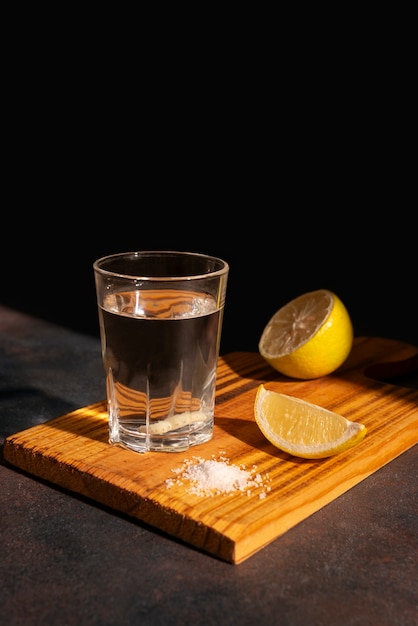 La nature morte d'une boisson de mezcal avec du ver maguey