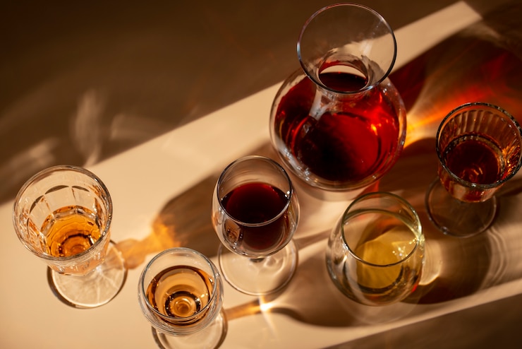 Photo gratuit nature morte de carafe à vin sur table