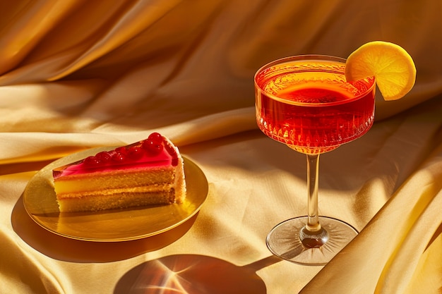 Photo gratuite la nature morte d'un cocktail avec un dessert sur une nappe