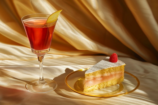 Photo gratuite la nature morte d'un cocktail avec un dessert sur une nappe