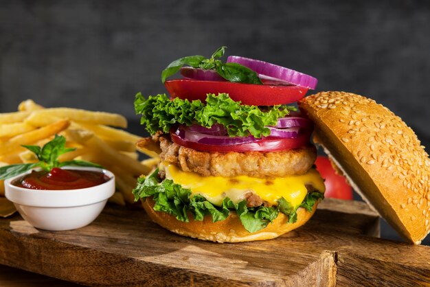 Nature morte de délicieux hamburger américain