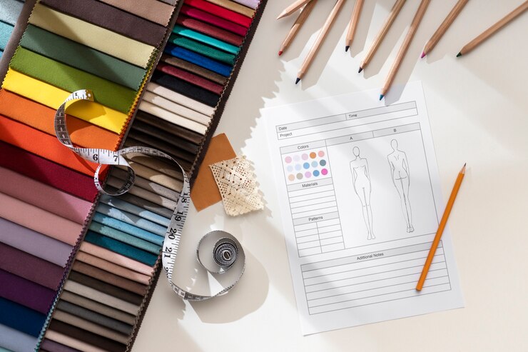 Photo gratuit la nature morte du bureau d'un créateur de mode