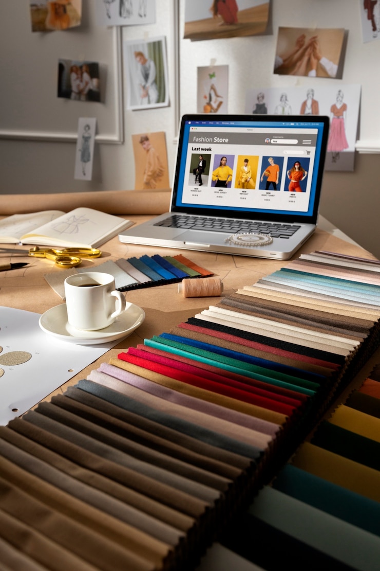 Photo gratuit la nature morte du bureau d'un créateur de mode