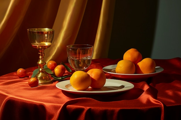 Photo gratuite la nature morte des fruits sur une nappe de table