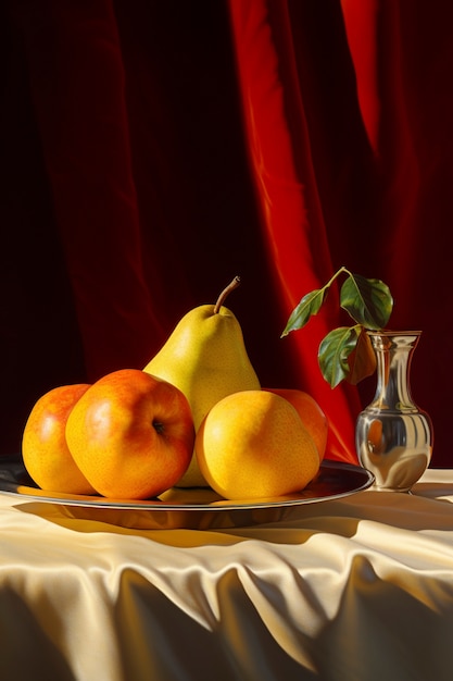 La nature morte des fruits sur une nappe de table