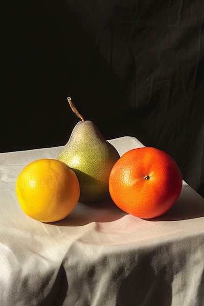 La nature morte des fruits sur une nappe de table