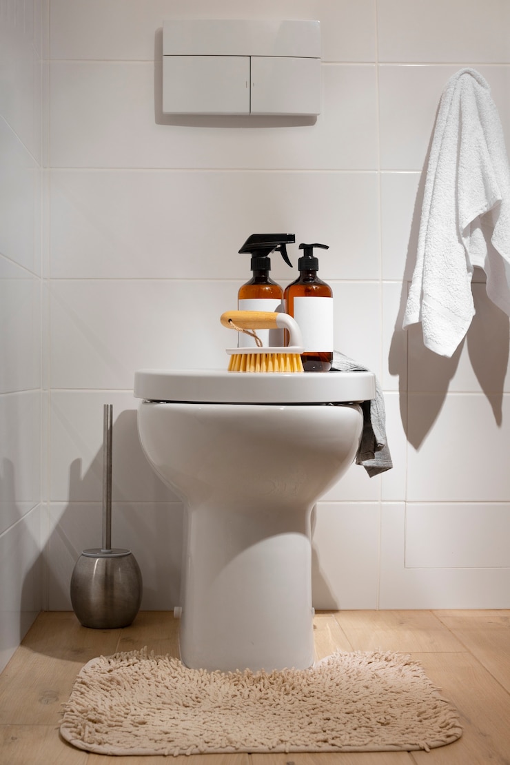 Photo gratuit nature morte de produits de nettoyage pour salle de bains