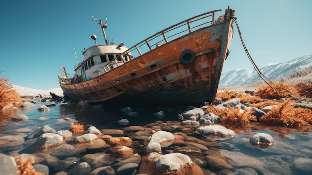 Photo gratuite un naufrage rouillé se repose dans des eaux tranquilles sous un ciel bleu clair.