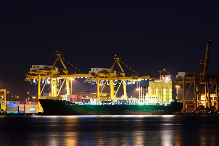 Photo gratuit navire de fret de conteneurs au port