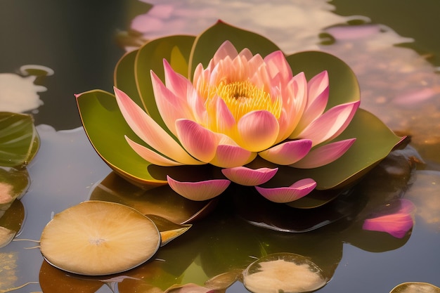 Photo gratuite un nénuphar rose et jaune est assis sur un étang avec une feuille flottant dessus.