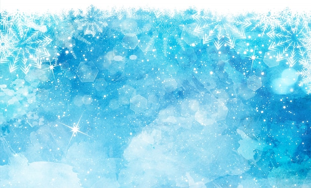 Noël fond d&#39;aquarelle avec des flocons de neige étoiles et de lumières bokeh