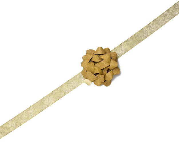 Noeud et ruban de soie doré isolé sur fond blanc, élément de design pour la décoration cadeau, ligne