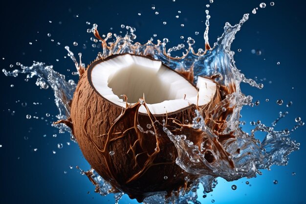 Noix de coco avec des éclaboussures d'eau de près