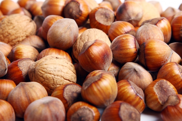 noix fraîche avec feuilles et noisettes