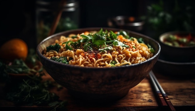 Nouilles ramen gastronomiques dans un bol en bois avec des baguettes générées par l'IA