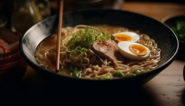 Photo gratuite nouilles ramen gourmandes au porc et légumes générées par ia