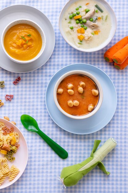 Nourriture pour enfants, soupe aux carottes et soupe au poulet