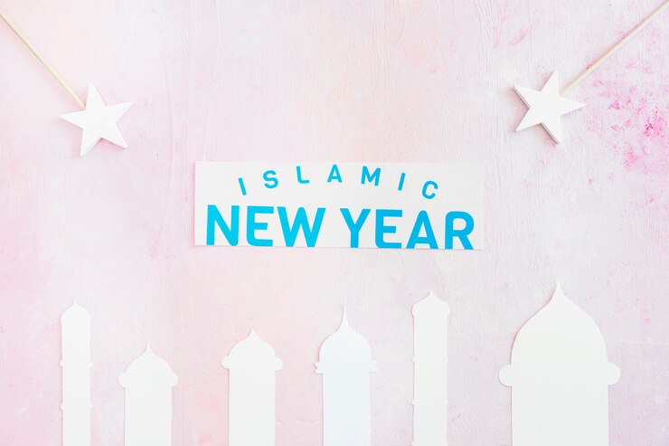 Photo gratuit nouvel an islamique avec mosquée et étoiles sur rose