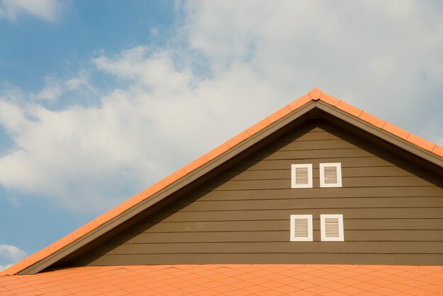 Nouvelle maison de brique avec cheminée modulaire, tuile de toit en métal enduit de pierre, fenêtres en plastique et gouttière de pluie