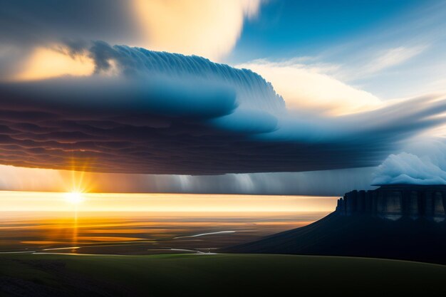 Un nuage d'orage au-dessus d'une montagne avec le soleil se couchant derrière