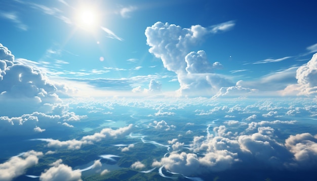 Photo gratuite des nuages moelleux volent haut dans le ciel bleu vif généré par l'intelligence artificielle