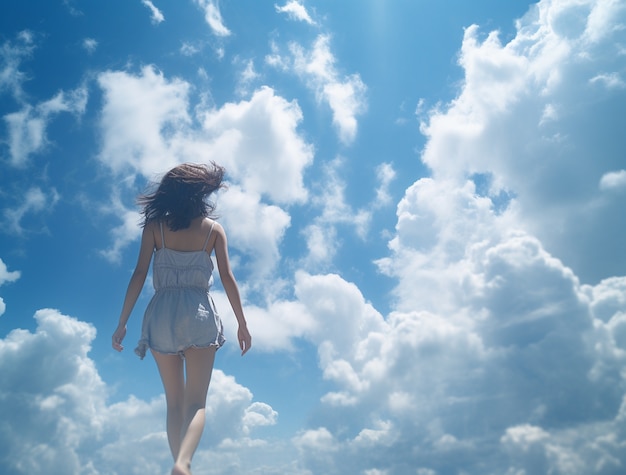 Photo gratuite nuages de style photoréaliste et vue arrière de la femme