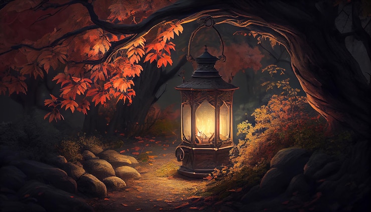 Photo gratuit une nuit d'automne illumine une forêt fantasmagorique avec une flamme de lanterne générée par l'ia