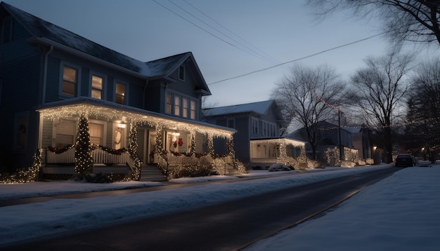 Photo gratuite la nuit d'hiver, l'arbre recouvert de neige illumine l'extérieur du bâtiment généré par l'intelligence artificielle