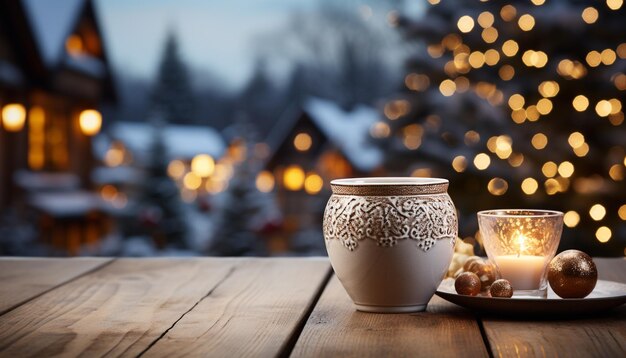 Nuit d'hiver confortable illuminé une bougie rougeoyante en bois rustique générée par l'intelligence artificielle