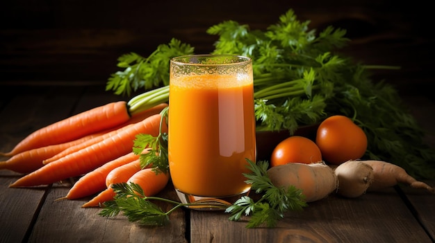 Photo gratuite un œuf frais et du jus de carotte avec des herbes dans un verre sur une table en bois