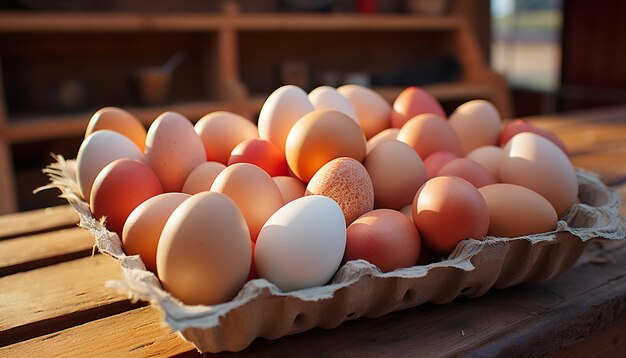 Des œufs biologiques frais dans un carton d'œufs en bois rustique généré par une intelligence artificielle