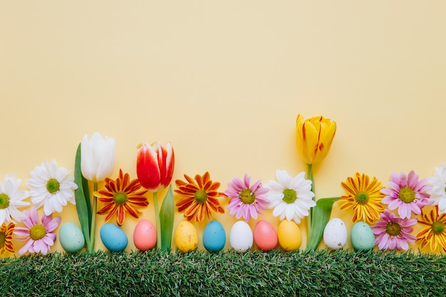 Oeufs et fleurs composées sur la pelouse