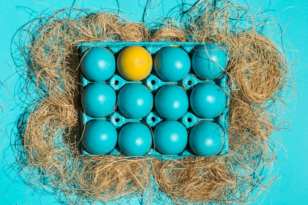 Oeufs de Pâques colorés en rack sur le foin sur la table