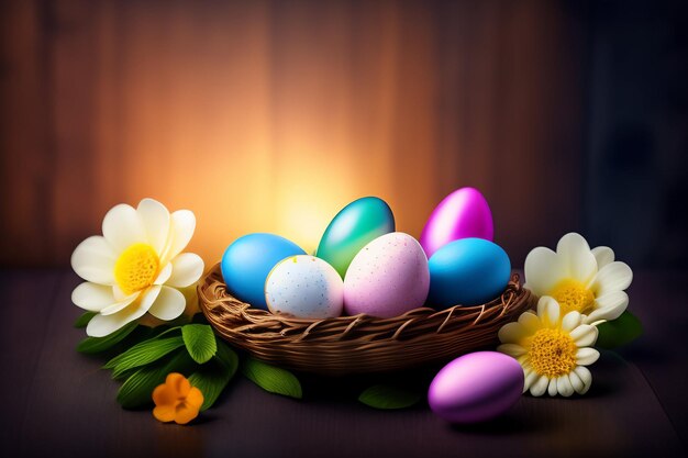 Oeufs de Pâques dans un panier de fleurs