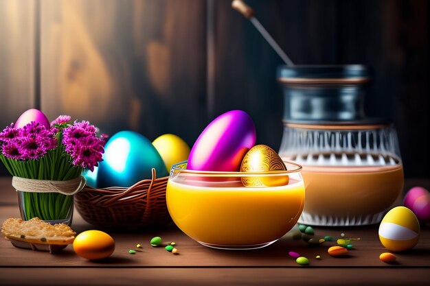 Oeufs de Pâques et fleurs sur une table avec un pot de sauce