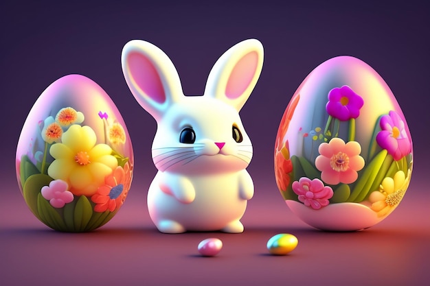 Oeufs de Pâques avec un lapin et des fleurs