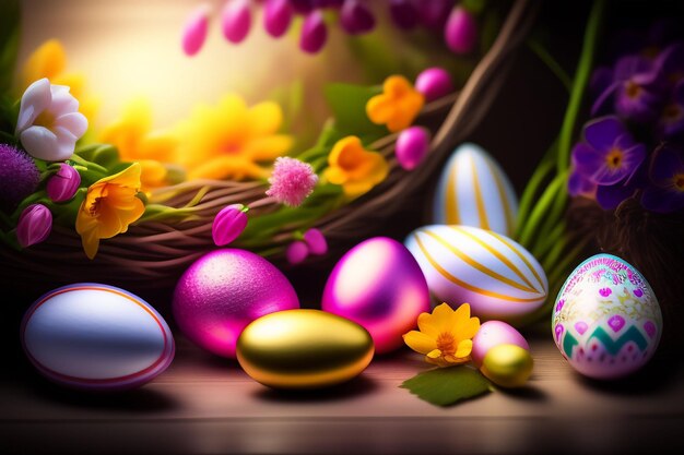 Oeufs de Pâques sur une table en bois avec des fleurs