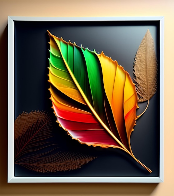 Une œuvre d'art encadrée dont les couleurs des feuilles sont colorées.