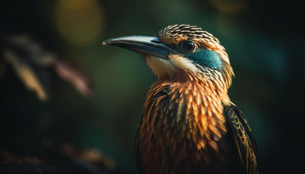 Oiseau coloré perché sur une branche observant la faune générée par l'IA