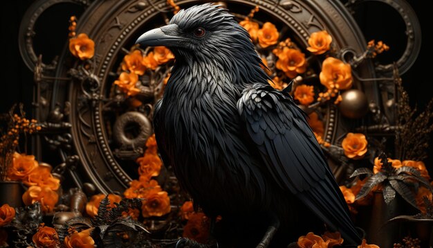 Photo gratuite un oiseau gothique perché sur une branche ancienne symbolisant la spiritualité et l'histoire générées par l'intelligence artificielle