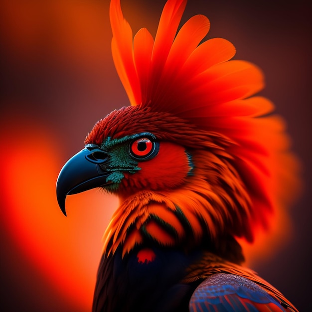 Un oiseau rouge et bleu avec une tête rouge et un bec bleu.