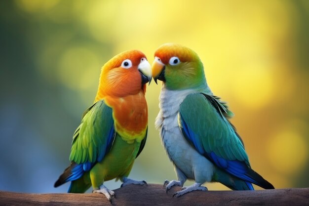 Des oiseaux affectueux assis ensemble sur une branche